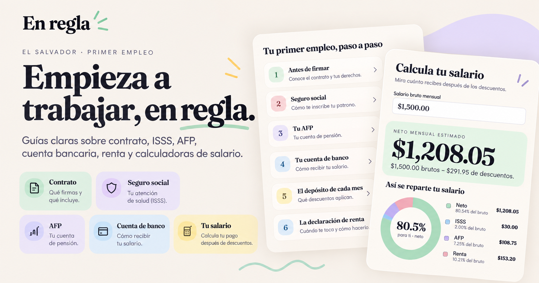 Portada de En Regla: guías para el primer empleo en El Salvador y calculadora de salario.