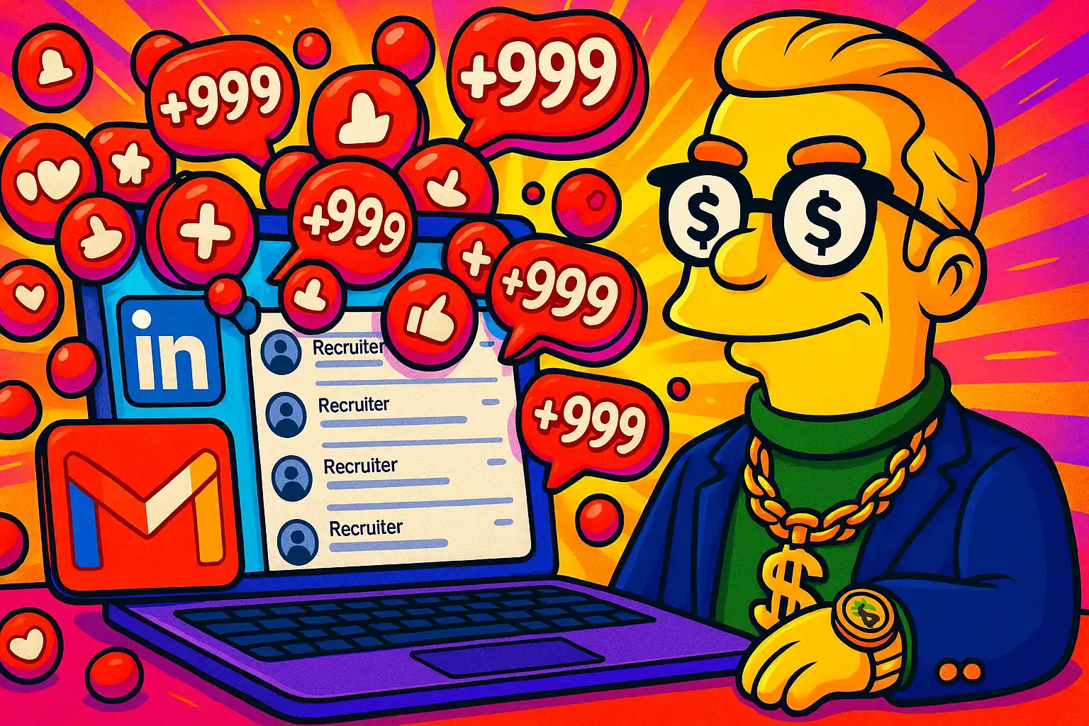 personaje animado con una laptop llena de notificaciones de reclutadores en linkedin y el correo